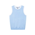 Flat lay of light blue knit vest with white contrast ribbed trim and round neckline - S / Light Blue