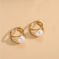 Elegante gouden dubbele oorringen met grote witte parel in een minimalistische stijl - Grote Parel Dubbele Ring Oorbellen