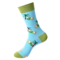 Blue mid-calf cotton socks featuring green trim and tropical palm tree patterns - Blue Palm Tree Pattern (1181)