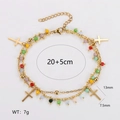 Double-layered colorful beaded stainless steel bracelet with golden cross charms - Cross