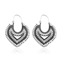 Boucles d'oreilles bohèmes en argent avec fil de coton blanc et gravures florales rétro - Argent Antique Cœur Évidé (12356)