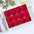 Detailed set of 12 red flocked velvet Christmas ornaments with embossed wavy patterns in box - 6cm/12Pcs / Red