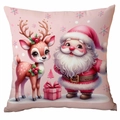 Detailansicht der rosa Weihnachtskissenhülle mit Weihnachtsmann- und Rentier-Motiv - Weihnachtsmann & Rentier / Rosa Verlauf