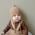 Infant winter knit hat with contrast double poms and ear flaps in warm earth tones - Cap circumference 40-48cm, suitable for 3-18 months / Nipple Khaki