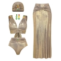 Set bikini dorato esotico con gemme colorate e gonna lunga a vita alta coordinata - S / Set Bikini 5 Pezzi Oro