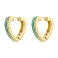 Détail de boucles d'oreilles créoles cœur avec placage or et finition émail turquoise - Bleu (VE1496)