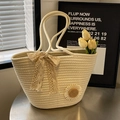Large beige hand-woven tote bag with lace bow and 3D sunflower floral decoration - Rice White with Flower + Scarf