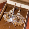 Gold plated bow pearl earrings with crystal tassels in a brown velvet jewelry box - 47# Gold Pearl Glass Tassel Studs