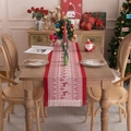 Chemin de table de Noël rouge avec motifs rennes et flocons de neige beige et pompons - 33*160cm / Renne Rouge Foncé Avec Bords Effilochés