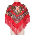 Ethnic 90x90 red floral print square scarf with tassel fringe on a mannequin - Red