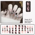 Faux ongles élégants D448 avec motifs floraux noirs, nœuds 3D et détails de perles - Perle Papillon Rose Fumée Nude Rose (D448)