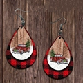 Faux leather teardrop earrings featuring a red buffalo plaid pattern and Christmas tree truck - Red and Black Grid