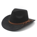 Close-up of black suede fedora hat with brown leather rope detail and decorative bow - M (56-59cm) / Black