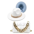 Close-up of white fedora hat and quilted chain bag set with gold link accents - M (56-58cm) / White + Sky Blue