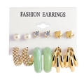 6-pair set of gold-toned pearl, leopard resin, and rhinestone stud and hoop earrings - Green Textured Pearl Zircon Star (39)