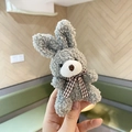 Cute grey curly plush rabbit doll with a plaid bowtie as a small keychain charm - Grey Rabbit