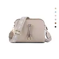 Beige faux leather crossbody bag with dual zipper compartments and jacquard strap - Light Apricot