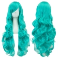 Cyan blue long wavy cosplay wig made of high temperature fiber shown on white background - Lake Blue