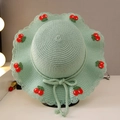 Kids light green straw sun hat with cute hand-woven cherry patterns and wavy edges - Cherry Straw Hat / Light Green