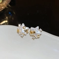Dettaglio macro di orecchini a stella placcati oro 14k con madreperla e zirconi brillanti - Ago in Argento - Oro (Placcato Oro Vero)