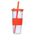Double wall plastic straw tumbler with vibrant orange silicone sleeve and lid, clear cup body. - 24oz / Orange