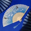 Blue gradient bamboo folding fan with cherry blossom, rabbit prints and blue tassel - Blue Gradient Rabbit Pagoda