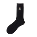 Black ribbed mid-calf sock for women with cute bear embroidery on white background - One Size / Black