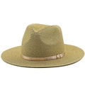 Golden woven straw sun hat with champagne faux leather belt buckle accent for women - Adjustable (56-58cm) / Gold