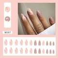 Almond-shaped press-on nails set in nude pink with gold wave accents and glossy finish - Gold Line Ripples (W587)