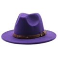 Classic purple wool fedora hat with a brown leather belt buckle and a wide flat brim - One Size 58cm Circumference / Purple