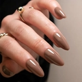 Glossy almond shaped dark coffee press-on nails with stylish gold metal rings decoration - Nut Brown