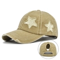 Distressed khaki ponytail baseball cap with gold sequin stars and washed hole details - One Size / Khaki