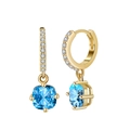 Gold-plated sterling silver huggie earrings with square blue sapphire gemstone charms - Square Blue Gemstone Hoops / Gold Blue