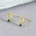 Gold stud earrings featuring a delicate small hoop with a triangular green zircon stone - Green Zircon Geometric