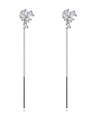 Detail showing elegant long tassel earrings with sparkling silver flower-shaped zircons - NE1370-Zircon Petal