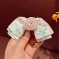 Pink rose floral bow hair clip with vintage garden pattern and soft lace stitching - 079 Camellia Hair Clip [Pink]