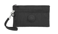 Black nylon phone pouch featuring three zipper compartments and a round logo detail - Black