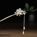 Traditional Hanfu hair pin with white jade-like flower and golden tassel chains - White Flower Artificial Pearl Tassel Style (3841)