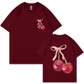 T-shirt en coton bordeaux avec imprimés cerise aquarelle et nœud rose, vues recto et verso - Bordeaux