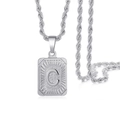 Hip hop silver square pendant necklace with letter C engraving and twisted rope chain - Silver - C