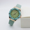 Octagonal rose gold watch with floral green dial and mint leather strap for women - Light Green