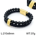 Men's double-layer braided leather bracelet with black beads and gold Yi character charm - Black Agate-Gold Clasp (Yi)