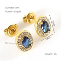 Detail view of 18K gold plated stainless steel zircon stud earrings with 10mm size specs - Blue