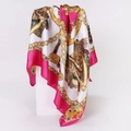Detail of equestrian saddle print silk scarf featuring golden chains and magenta borders - 90x90cm / Pink (D9202)