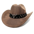 Men's western cowboy hat in khaki woven fiber with a silver bull head metal accessory - M(56-58cm) / Striped Khaki