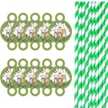 Jungle safari party supplies featuring cartoon animal cards and striped paper straws - Paper Straws 10pcs