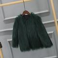 Deep green faux fur jacket for girls, thick long-haired plush winter coat with open front - Dark Green