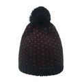Women's black knit beanie with red heart pattern and large faux fur pompom top - Black (Red Heart)