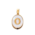 Detail of 22mm gold stainless steel oval pendant with white shell and letter O inlay - Gold Letter O