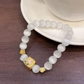 Bowknot zircon crystal beaded bracelet with cat eye stones and golden square pendant - White-Gold-Floral